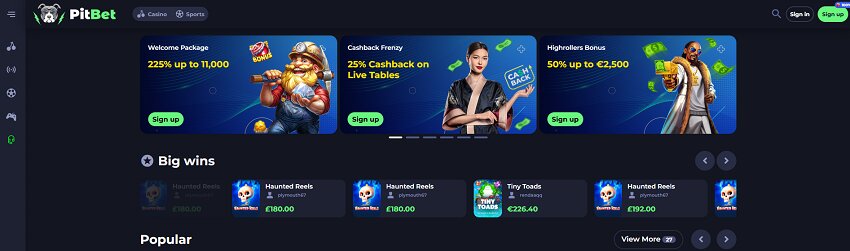 PitBet Casino Home Page