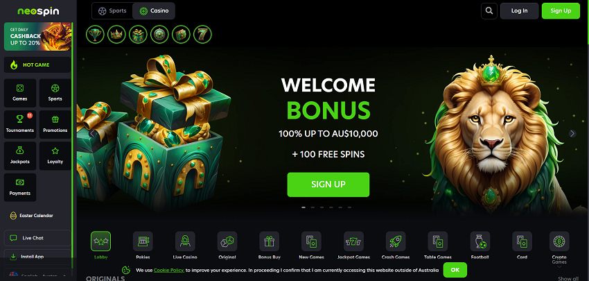 Neospin Casino Cover Page with Welcome Bonus