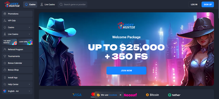 LuckyHunter Casino Home Page and Welcome Bonus
