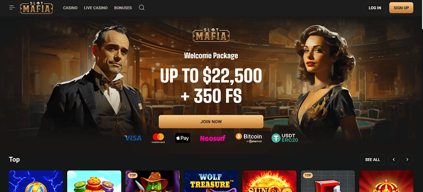 Slot Mafia Casino Home Page and Welcome Package