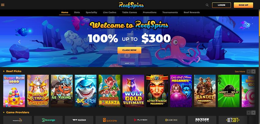 ReefSpins Casino Home Page and Welcome Bonus