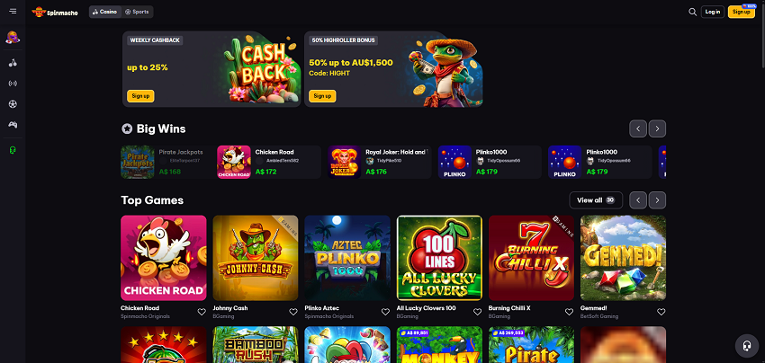 SpinMacho casino Home Page and Welcome bonus