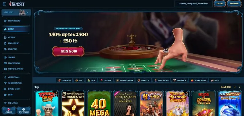 Fambet Casino Home Page and Welcome Bonus