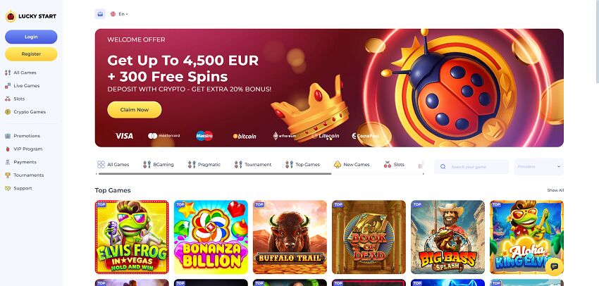 LuckyStart Casino Home Page and Welcome Bonus