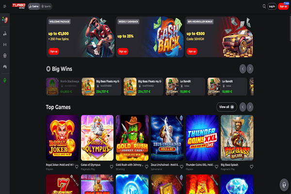 TurboWinz Casino Home Page and Welcome Bonus