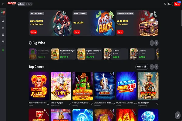 TurboWinz Casino Home Page and Welcome Bonus