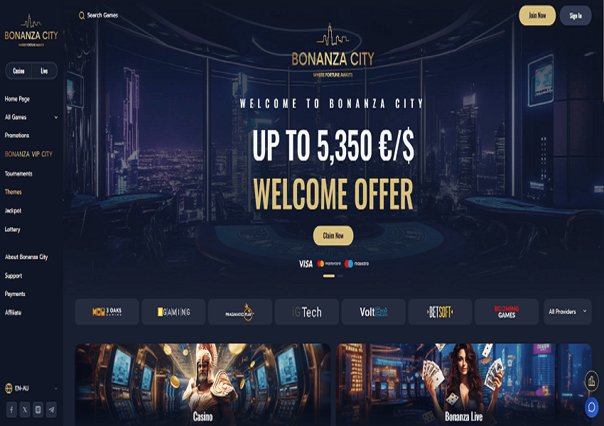 Bonanza City Casino Home Page and Welcome Bonus