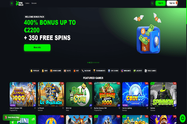 SpinMills Casino Home Page and Welcome Bonus