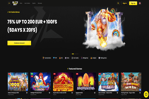Blitz Bet Casino Home Page and Welcome Bonus