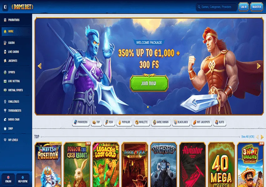 RomiBet Casino Home Page and Welcome Bonus