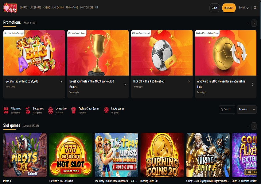 Lucky Trunk Casino Home Page and Welcome Bonus