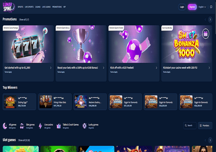 LunarSpins Casino Home Page and Welcome Bonus