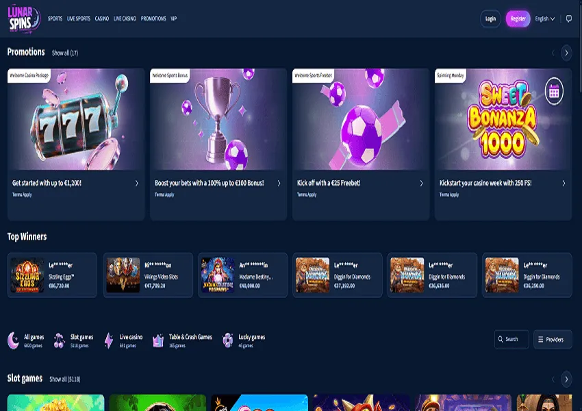 LunarSpins Casino Home Page and Welcome Bonus