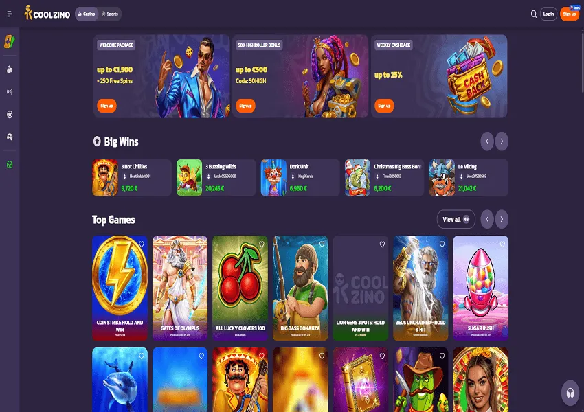 Coolzino Casino Home Page and Welcome Bonuses