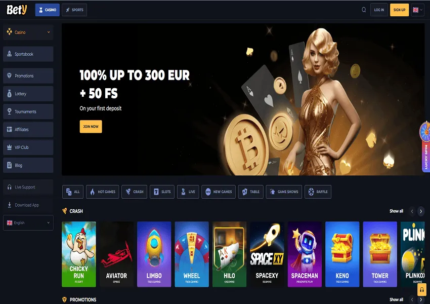 Bety Casino Home Page and Welcome Bonus
