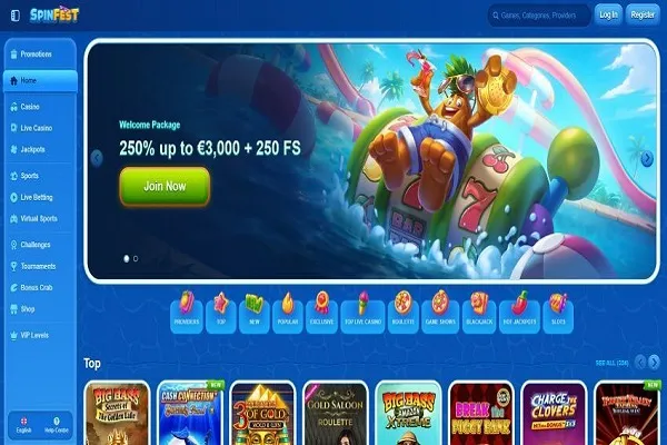 SpinFest Casino Home Page and Welcome Bonus