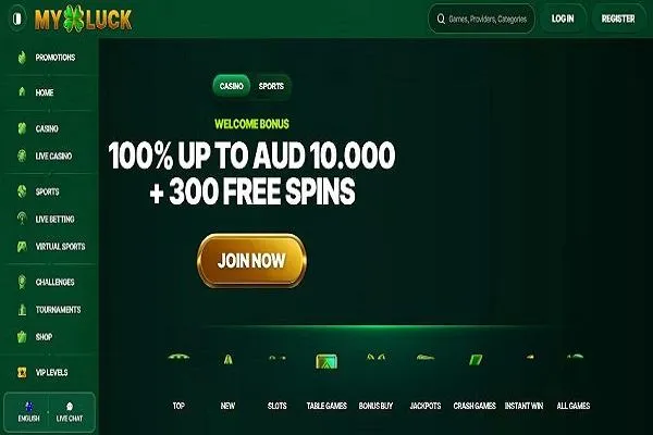 MyLuck Casino Home Page and Welcome Bonus