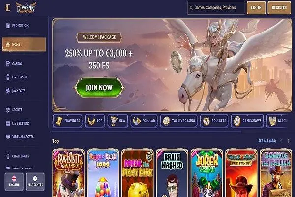 Diva Spin Casino Home Page and Welcome Package Bonus