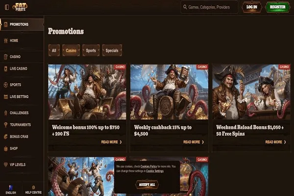 FatPirate Casino Promotions Page and Welcome Bonus