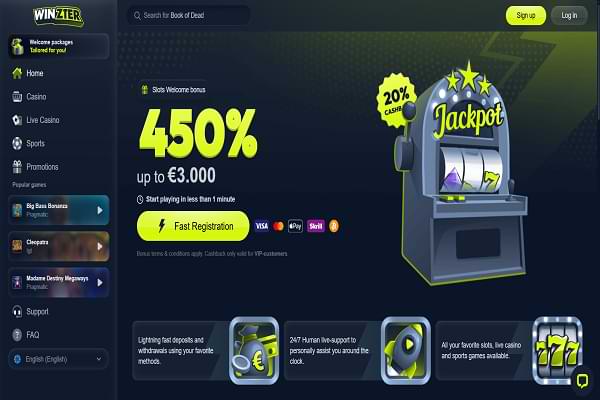 Winzter Casino Home Page and Welcome Bonuses