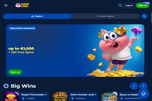 GodOfCoins Casino Home Page and Welcome Bonus