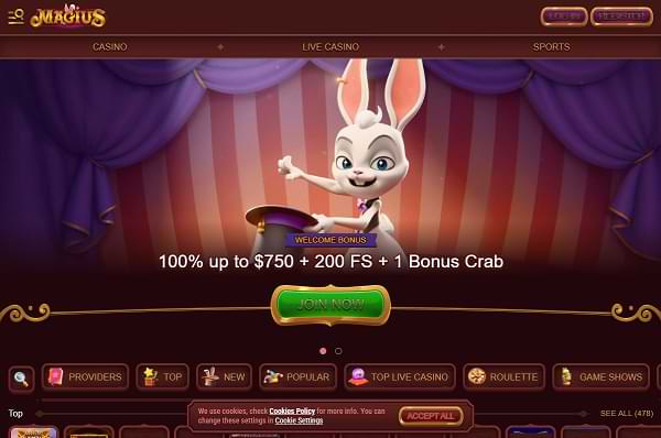 Magius Casino Home Page and Welcome Bonus