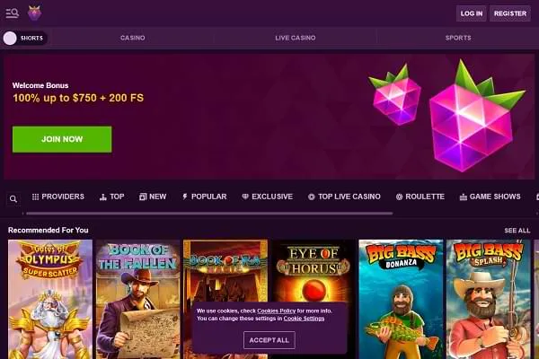Malina Casino Home Page and Welcome Bonus