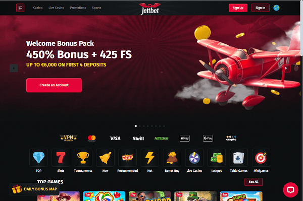 JettBet Casino Home Page and Welcome Bonus
