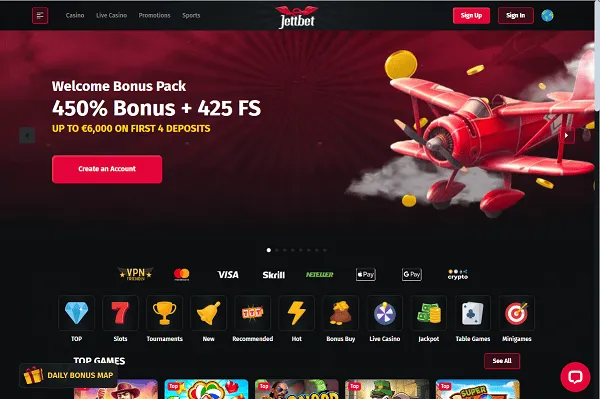 JettBet Casino Home Page and Welcome Bonus