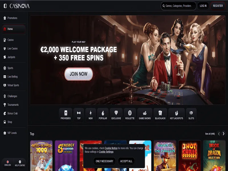 Casinova Casino Home Page and Welcome Bonus