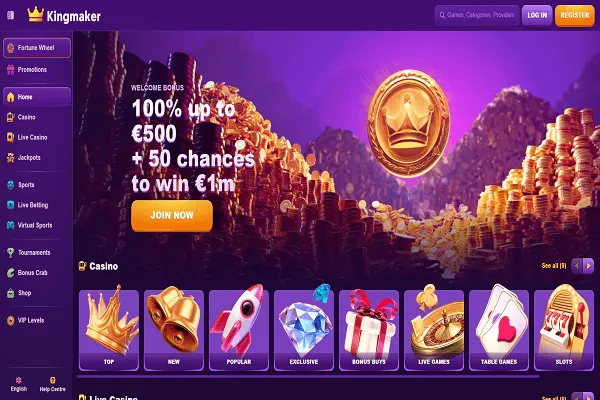 Kingmaker Casino Home Page and Welcome Bonus