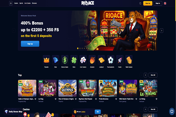 Rioace Casino Home Page and Welcome Bonus