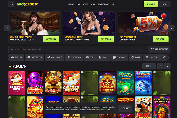 Avocasino Home page and Welcome Bonus