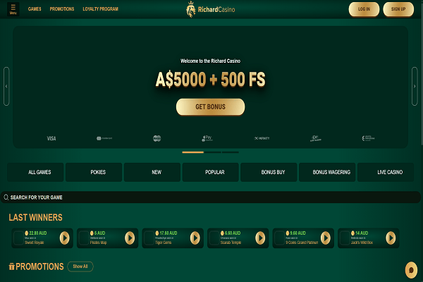 Richard Casino Home page and Welcome Bonus