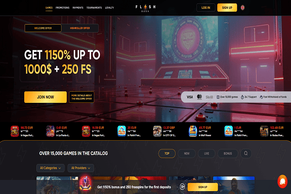 FlashDash Casino Home Page and Welcome Bonus
