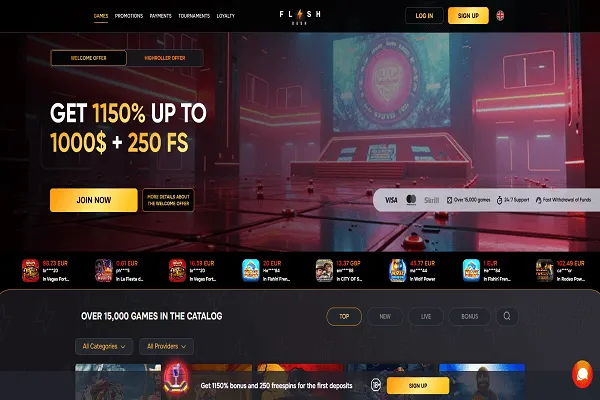 FlashDash Casino Home Page and Welcome Bonus