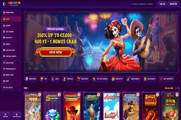 DuoSpin Casino Home Page and Welcome Bonus