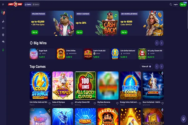 Lazybar Casino Home Page and Welcome Bonus