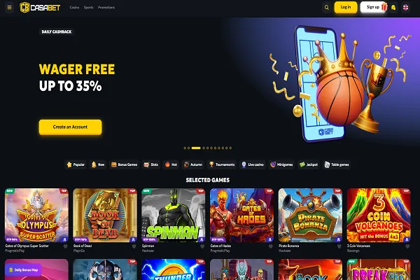 Casabet Casino Home Page and Welcome Bonus