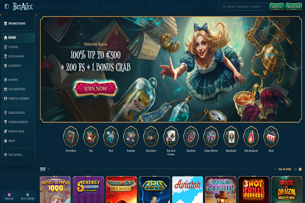 BetAlice Casino Home Page and Welcome Bonus
