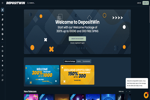 DepositWin Casino Home Page and Welcome Bonus