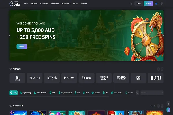 Casino Bello Home Page and Welcome Bonus