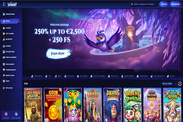 Spinight Casino Home Page and Welcome Bonus