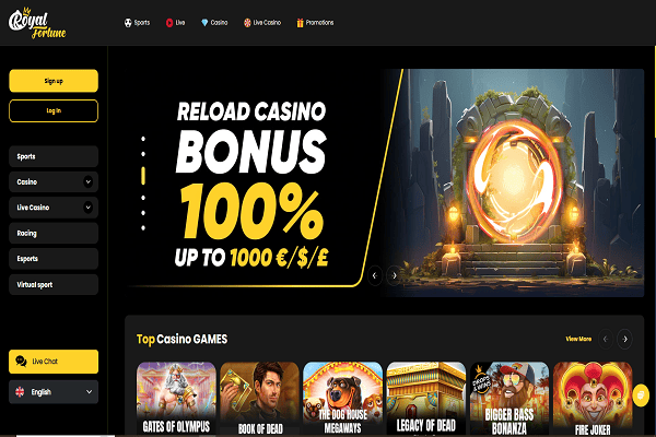 Royal Fortune casino Home page and Welcome Bonus
