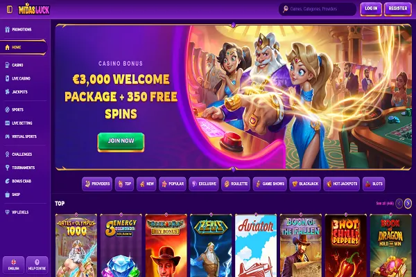 MidasLuck Casino Home Page and Welcome Bonus