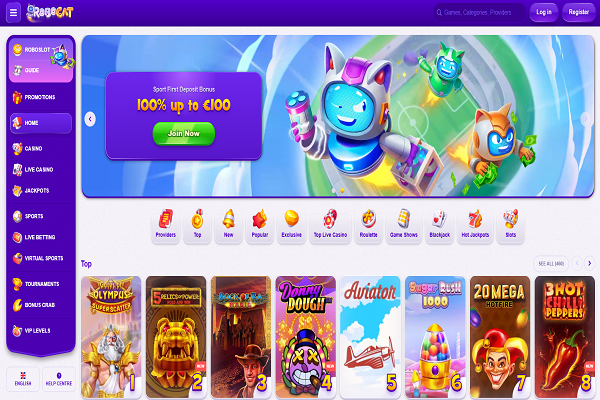 Robocat Casino Home Page and Welcome Bonus