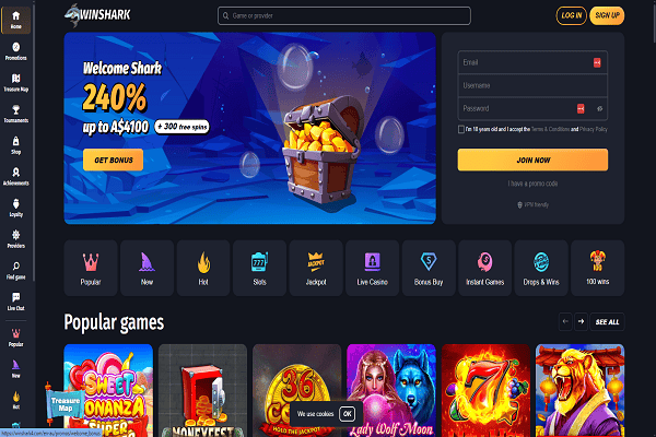 WinShark Casino Home Page and Welcome Bonus