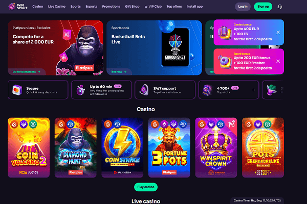 WinSpirit Casino Home Page and Welcome Bonus