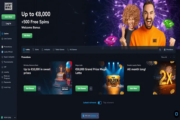 LuckyWins Casino Home Page and Welcome Bonus
