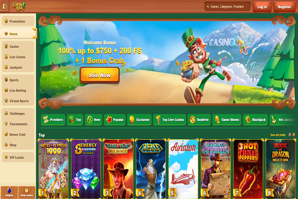 GreenLuck Casino Home Page and Welcome Bonus